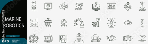 Marine robotics line vector icon set underwater exploration symbol