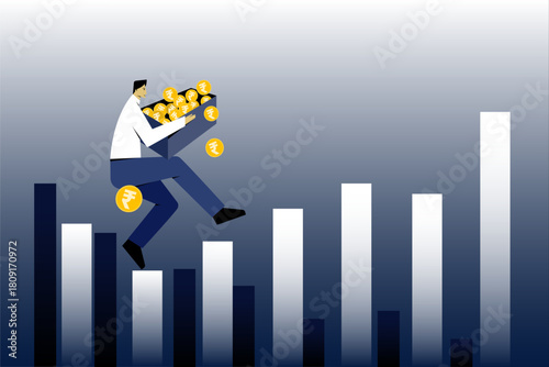 Business growth and financial success concept with businessman climbing rising bar graph while collecting rupee coins