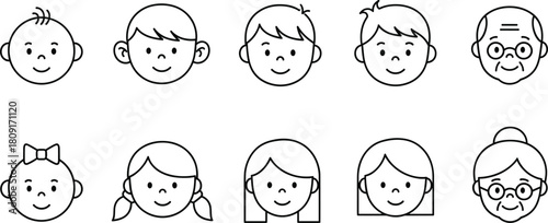 Simple Line Art Human Head Icons Set Depicting Different Ages from Baby to Grandparent Vector Illustration.
