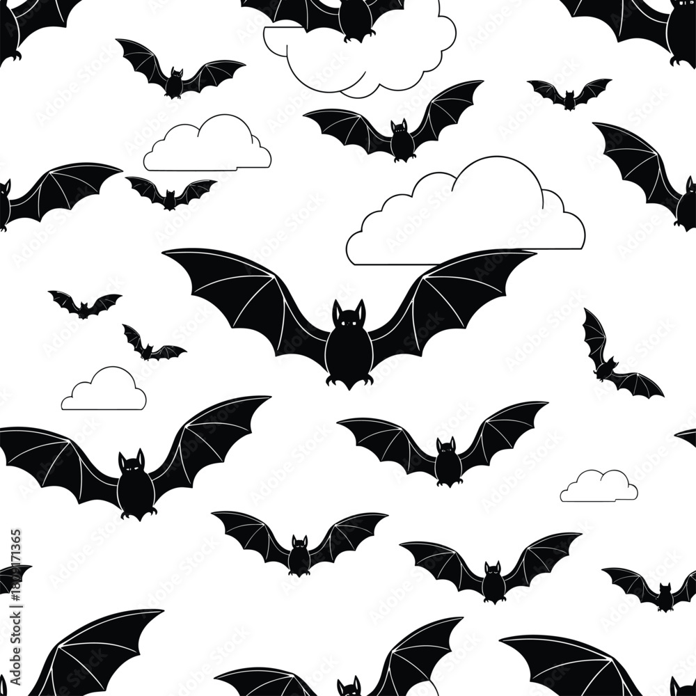Naklejka premium Seamless Pattern of Black Silhouette Bats Flying at Night with Minimal Cloud Outlines for Halloween and Gothic Design Vector.