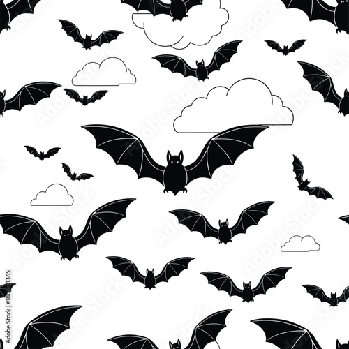 Seamless Pattern of Black Silhouette Bats Flying at Night with Minimal Cloud Outlines for Halloween and Gothic Design Vector.