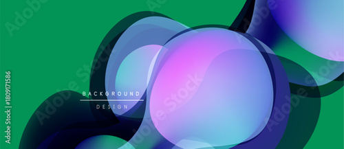 Abstract fluid shapes overlap, creating vibrant color gradients. Green background complements purple, blue hues. Modern design element.