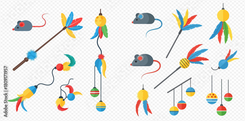 Collection of colorful cat toys including feather wands, toy mice, and hanging balls for pets to play with.