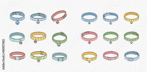 Collection of various colorful pet collars for cats and small dogs, featuring different designs with bells and studs on a transparent background.