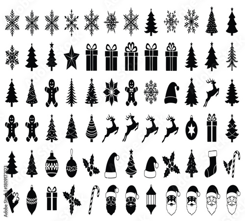 Collection of christmas silhouettes isolated on white background, offering a variety of designs for celebrations, holidays, and festive occasions, perfect for graphic design