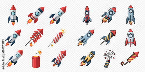A collection of colorful cartoon rockets and fireworks illustrations.