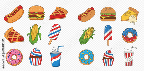 A collection of American-themed fast food, desserts, and drinks, including hot dogs, burgers, pies, corn, popsicles, donuts, cupcakes, and soda.