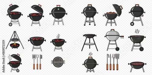 A collection of various barbecue grills, charcoal smokers, and grilling tools for outdoor cooking and summer parties.