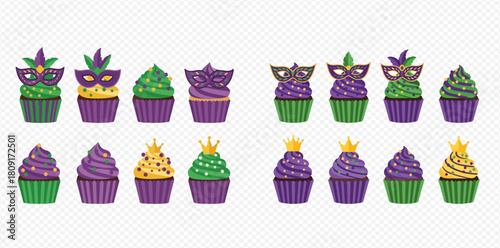 A collection of festive Mardi Gras cupcakes decorated with masks, crowns, and colorful frosting in green, purple, and gold.