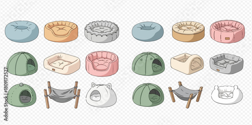 Collection of various pet beds, including soft round cushions, rectangular beds, dome shelters, and hammocks for small animals.