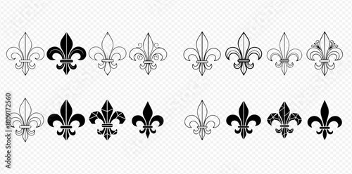 Collection of various Fleur de Lis symbols in black and outline styles, showcasing different ornate and simple designs for heraldry and decoration.