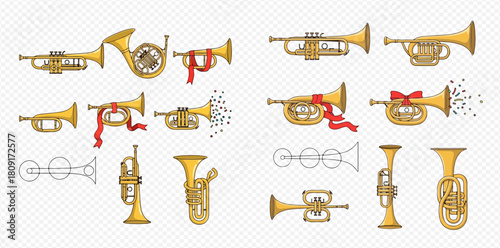 Collection of various brass musical instruments including trumpets, French horns, and tubas, some decorated with red ribbons and musical notes.