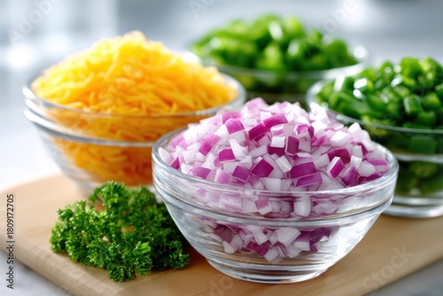 Colorful Ingredients: A vibrant selection of culinary ingredients, including shredded cheese, diced onions, chopped peppers, and fresh herbs, artfully arranged in glass bowls on a wooden surface.