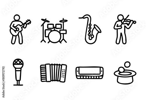 Figures depict musicians playing guitar, drums, saxophone, violin, microphone, accordion, and harmonica, showcasing a lively atmosphere of musical performance and creativity.