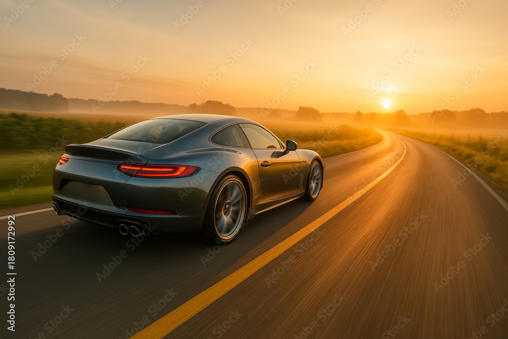 Fototapeta premium Sleek sports car driving on a winding road at sunset
