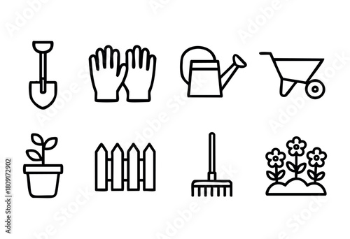 Shovels, gloves, watering can, and a wheelbarrow are grouped together, showing the essential supplies for planting flowers and vegetables in a garden.