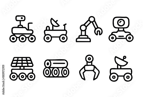 This collection features minimalist line art depicting robotic vehicles and tools. Each design showcases different functionalities, suitable for exploration and construction tasks in diverse environme