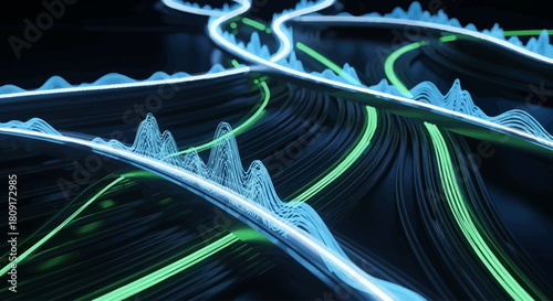 Abstract flowing lines of light, blue and green, create a dynamic wave pattern against a dark, contrasting background.