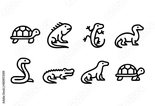 A collection of basic, outlined illustrations features a turtle, iguana, gecko, snake, crocodile, and other reptiles set against a plain background.