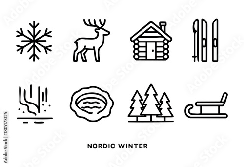 Beautiful symbols of Nordic winter depict snowflakes, a deer, a cozy cabin, skis, a gentle waterfall, a sauna, tall trees, and a sleigh in a serene snowy setting.