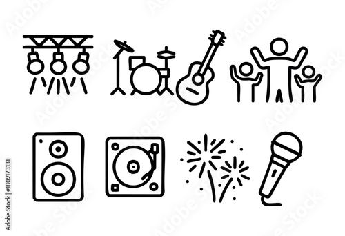 In a vibrant outdoor setting, musicians play instruments while a lively crowd enjoys the performance under shining stage lights, creating an energetic celebration of music.