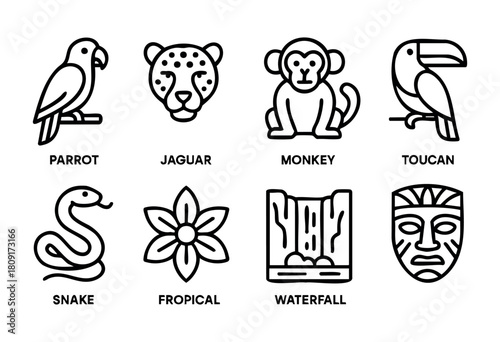 Colorful icons depict various wildlife including a parrot, jaguar, monkey, and toucan. The design also features a snake, tropical flower, waterfall, and a traditional mask, highlighting nature's beaut