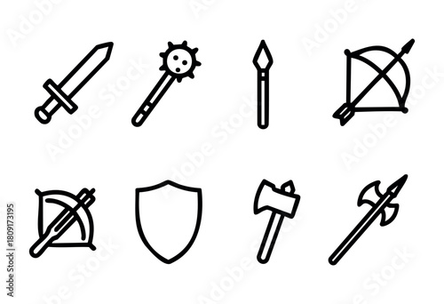 Display features a grid of weapon icons including a sword, mace, spear, bow, shield, and axe, ideal for game design, illustrations, or digital art projects.