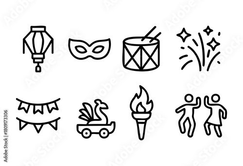 Colorful festive symbols showcase lanterns, masks, a drum, fireworks, and joyful dancing figures, representing a lively celebration atmosphere.