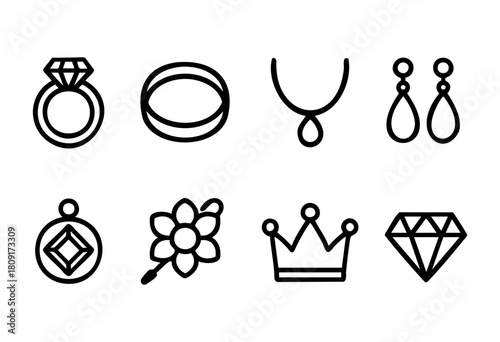 Various jewelry designs include rings, earrings, necklaces, and a crown, all illustrated in bold black outlines against a plain white background, highlighting elegance and simplicity.