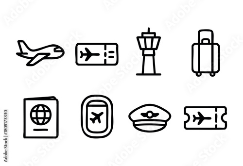 Various travel symbols depict essential items needed at the airport, such as a boarding pass, suitcase, passport, and airplane, capturing the spirit of travel and adventure.
