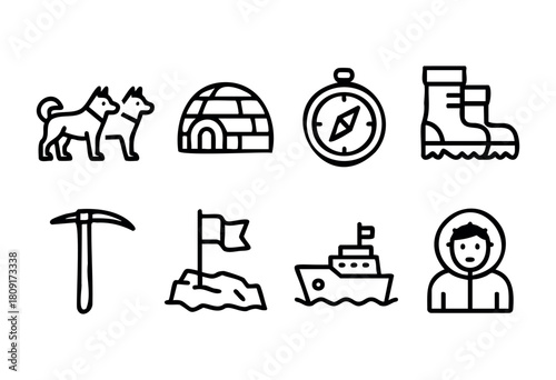 Collection of simple line icons representing outdoor exploration. Features dogs, an igloo, a compass, hiking boots, a pickaxe, a flag, a boat, and a person in winter attire, suited for adventure theme