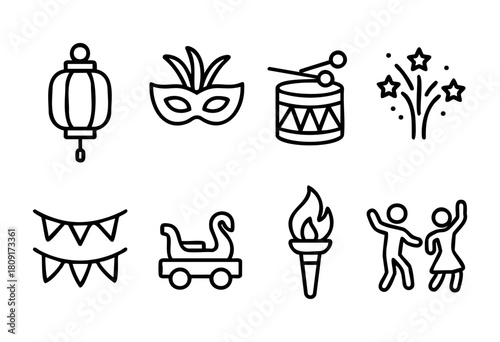 Various icons depict elements of a festive celebration, including lanterns, masks, drums, fireworks, banners, and dancing figures, showcasing different aspects of fun and enjoyment.
