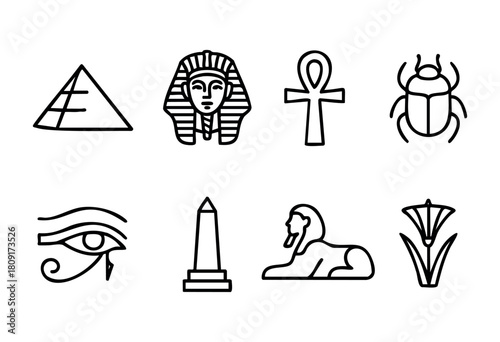 Various ancient Egyptian symbols are displayed in a simple design, featuring a pyramid, pharaoh, ankh, scarab, eye of Horus, obelisk, sphinx, and lotus flower.