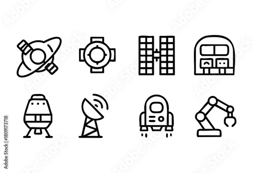 Collection of simple line drawings showcasing various space exploration elements like satellites, rockets, and an astronaut, highlighting technology's role in discovery.