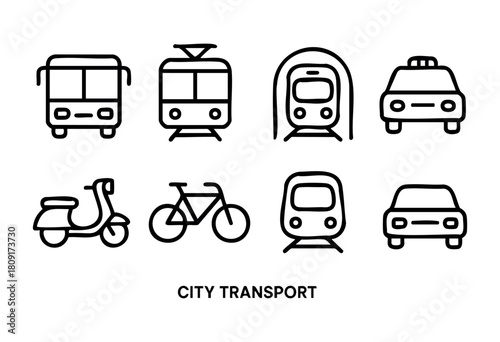 Illustrations showcase different types of urban transport, including buses, trams, taxis, bicycles, scooters, and trains, presented in a minimalist line art style.
