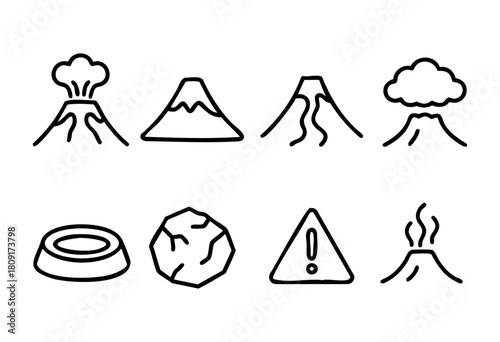 Various icons illustrate volcanic activity, including eruptions, mountains, clouds, and geological hazards. These visuals aim to raise awareness about volcanic risks and safety measures.
