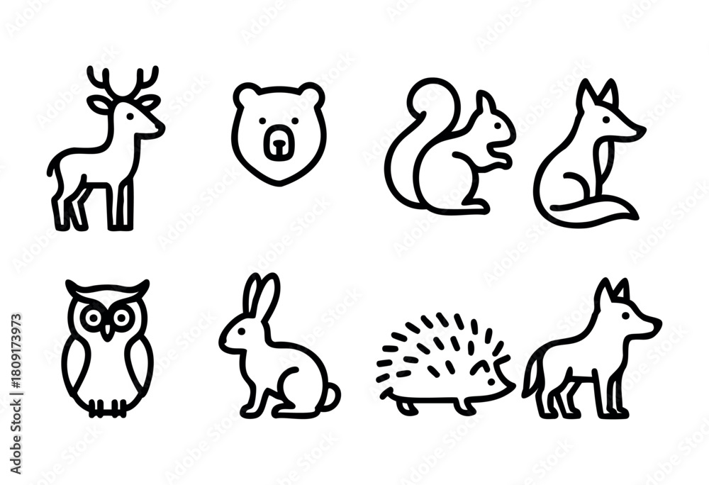 Naklejka premium This collection displays eight distinct line drawings of animals including a deer, bear, squirrel, fox, owl, rabbit, and hedgehog. Each design captures the essence of wildlife.