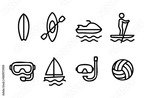 Simple line icons illustrate various water sports activities such as surfing, kayaking, sailing, and snorkeling, showcasing the excitement of outdoor recreation on water.