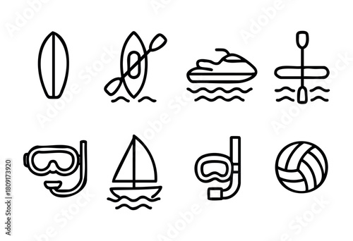 Simple line icons illustrate various water sports activities such as surfing, kayaking, sailing, and snorkeling, showcasing the excitement of outdoor recreation on water.