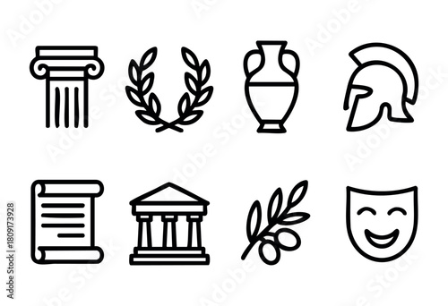 Various symbols representing ancient Greece are arranged in a visually striking manner, featuring columns, laurel wreaths, amphorae, and more, highlighting cultural heritage.