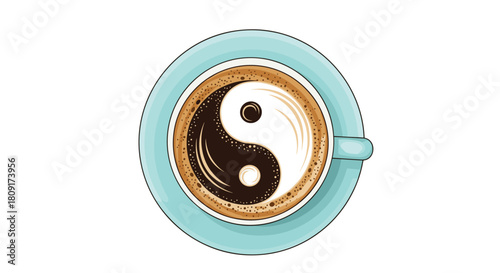 Overhead view of a light blue teacup and saucer with coffee foam in the shape of a yin yang symbol.
