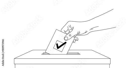 Hand casting a vote with a checked ballot into a ballot box.