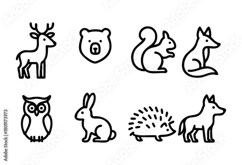 This collection displays eight distinct line drawings of animals including a deer, bear, squirrel, fox, owl, rabbit, and hedgehog. Each design captures the essence of wildlife.
