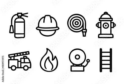 Various fire safety tools and symbols are displayed, including a fire extinguisher, helmet, hose, hydrant, fire truck, flame, alarm, and ladder, all essential for emergency responses.