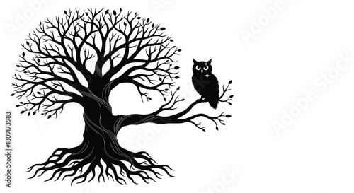 A black silhouette of a wise owl perched on a branch of a large, gnarled tree against a white background.