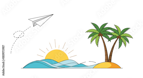 A paper airplane flies over a tropical island with palm trees and a sunset over the ocean.