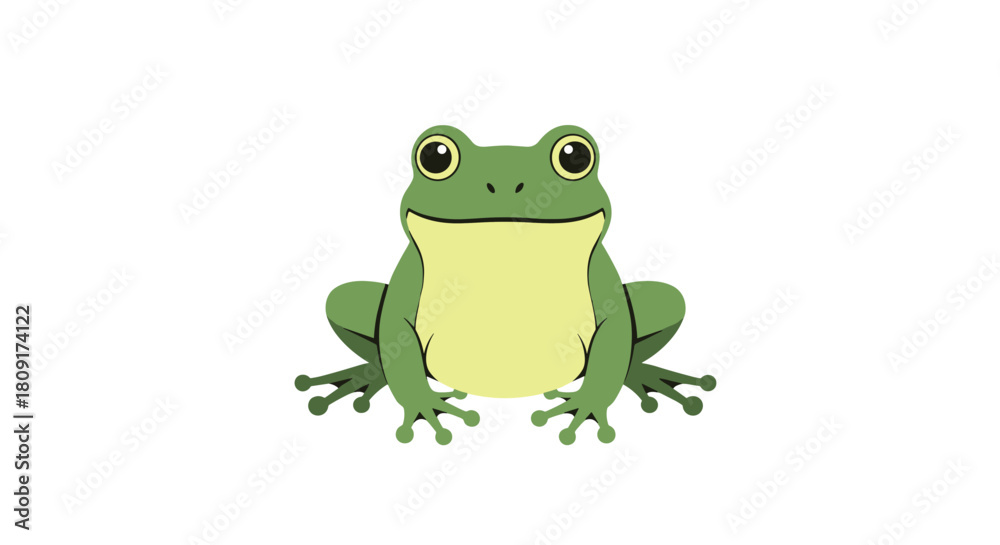 Obraz premium A cute cartoon green frog with a light yellow belly sits facing forward on a white background.