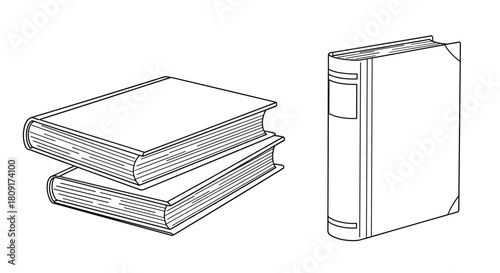 Simple black and white line drawing of two stacked books and a single standing book.