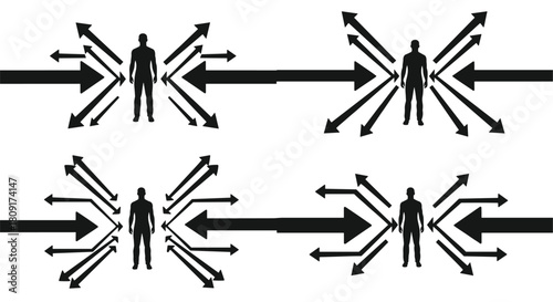 Four graphic representations of a person being surrounded by incoming and outgoing arrows.