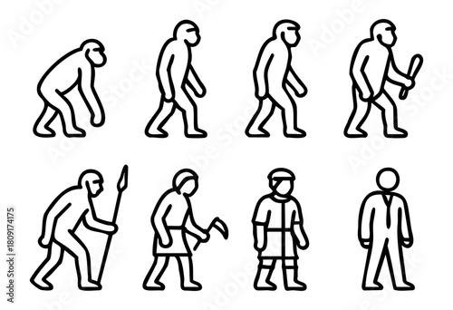 This illustration displays the progression of human evolution, showcasing early hominids, tool users, and the development of modern humans in a series of clear, simple lines.